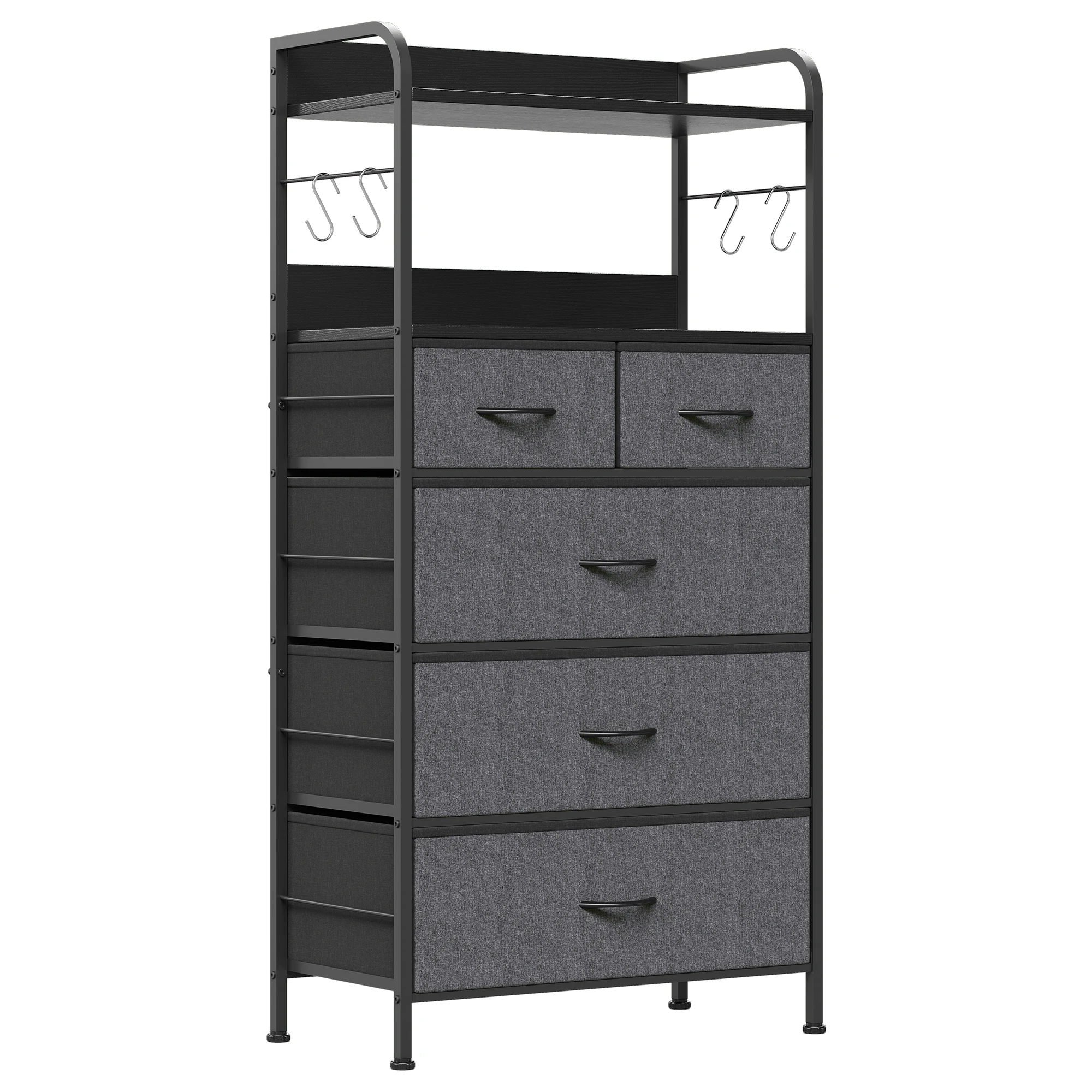 5 Drawers Dresser,Tall Dresser for Bedroom,Fabric Drawer Organizer Unit, Chest of Drawers with Hooks, Open Shelf for Closet