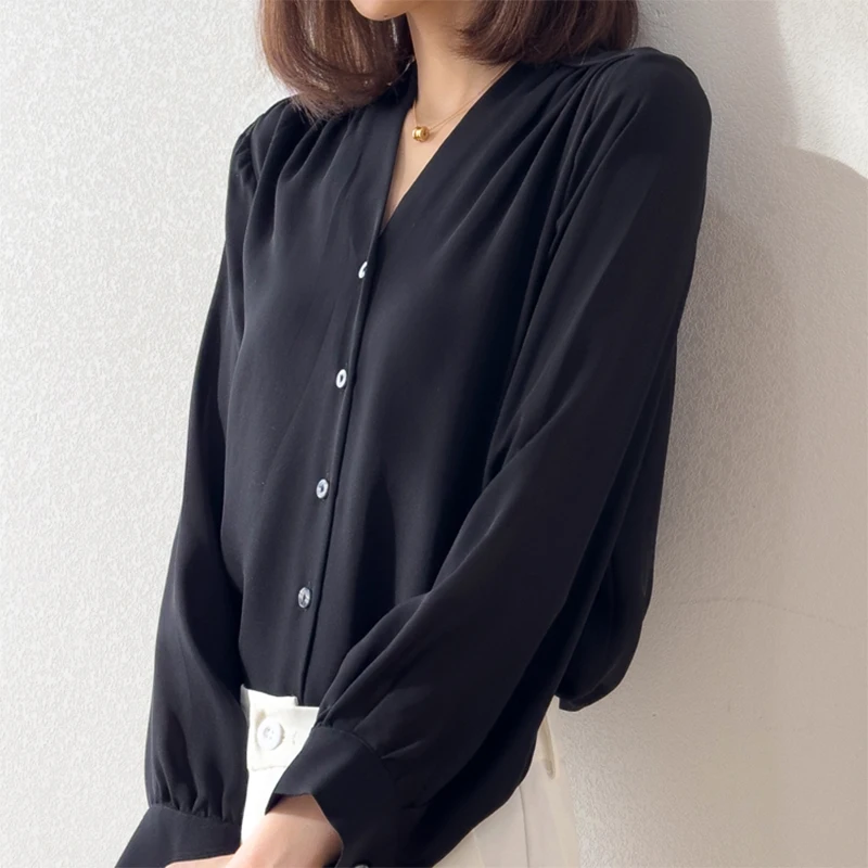 Women Silk Shirt 100% Mulberry Silk Black Color with Lining V neck Long Sleeve Button Down Top Blouse Office Lady M L XL M1104