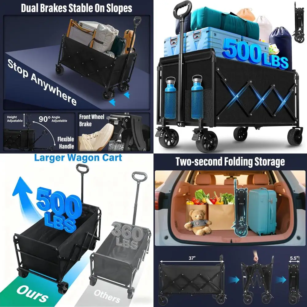 

500lbs Capacity Foldable Utility Cart with All-Terrain Wheels for Beach, Camping, Sports, and Shopping - Black