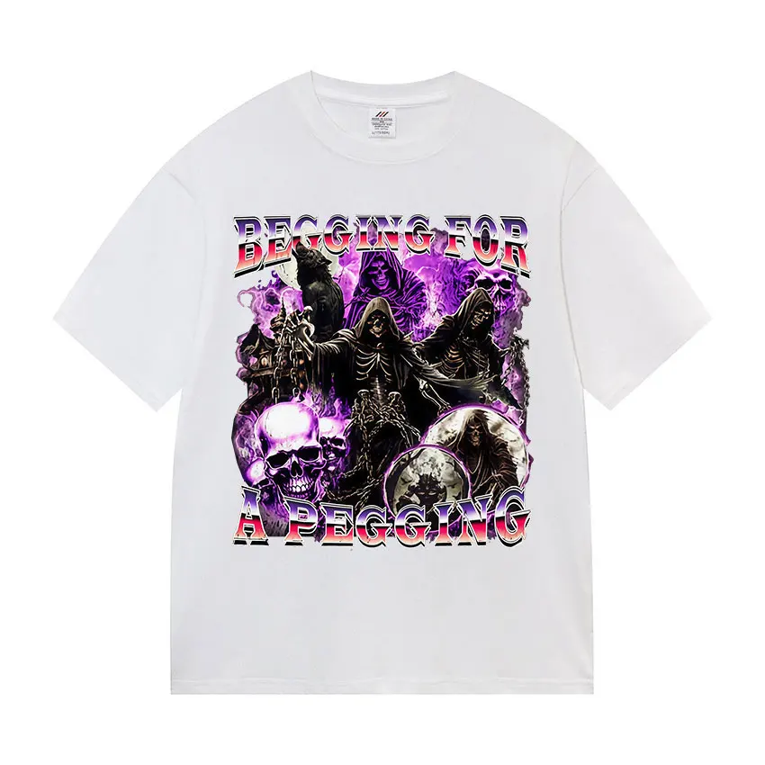 

BEGG IN G FOR A PEGGING Funny Skeleton T Shirt Men's Vintage Gothic Short Sleeve T-shirts Casual Cotton Tops T-shirt Streetwear