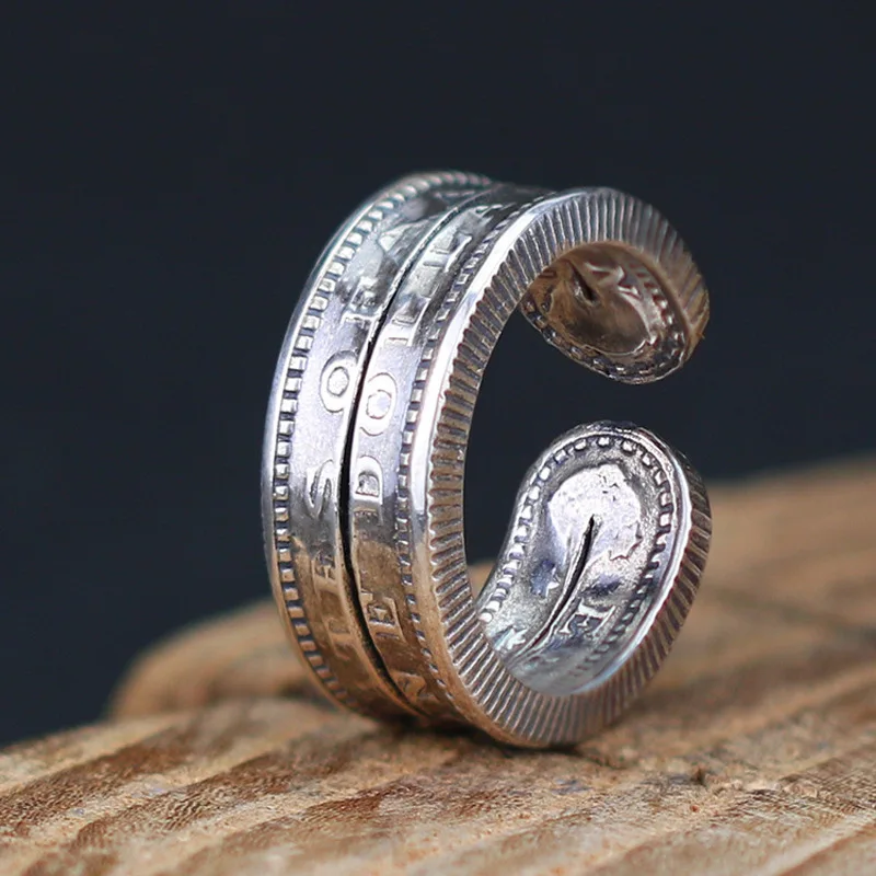 Retro Morgan Coin Ring For Men Silver Color Punk Gothic Adjustable Open Ring Handmade Rock Biker Accessories Man Jewelry Gift