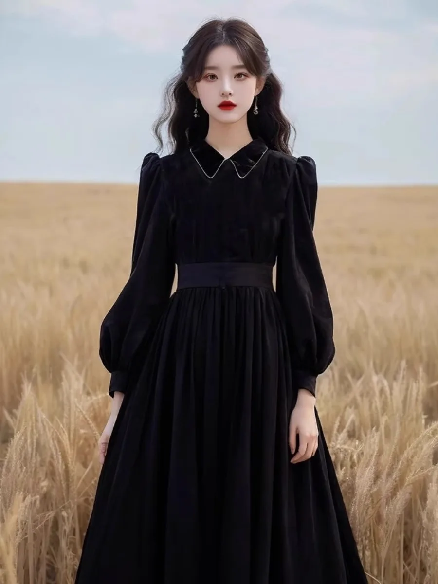 

Elegant Black Velvet Dress Hepburn Style Birthday Ball Gown High Waist Long Sleeve Adult Ceremony Fugitive Princess Party Dress