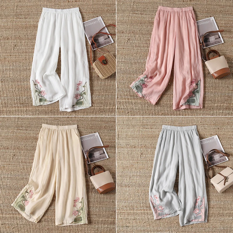 Chinese Style Vintage Embroidery Casual Trousers Women Summer Pants Literature Art National Style Retro Embroidery Bottoms