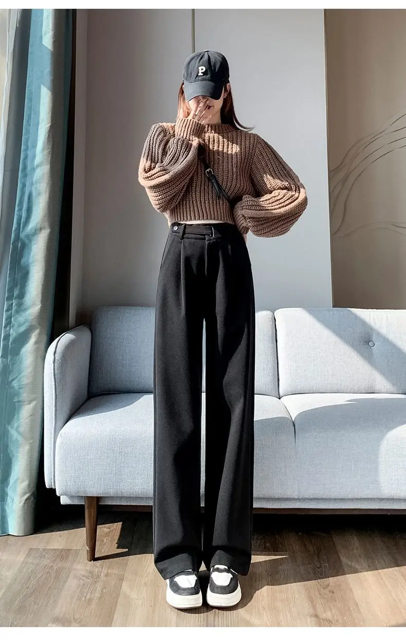 Brown Woolen High-end Suit Pants for Women in Autumn and Winter 2023 New Narrow Version Straight Wide-leg Pants with Drape