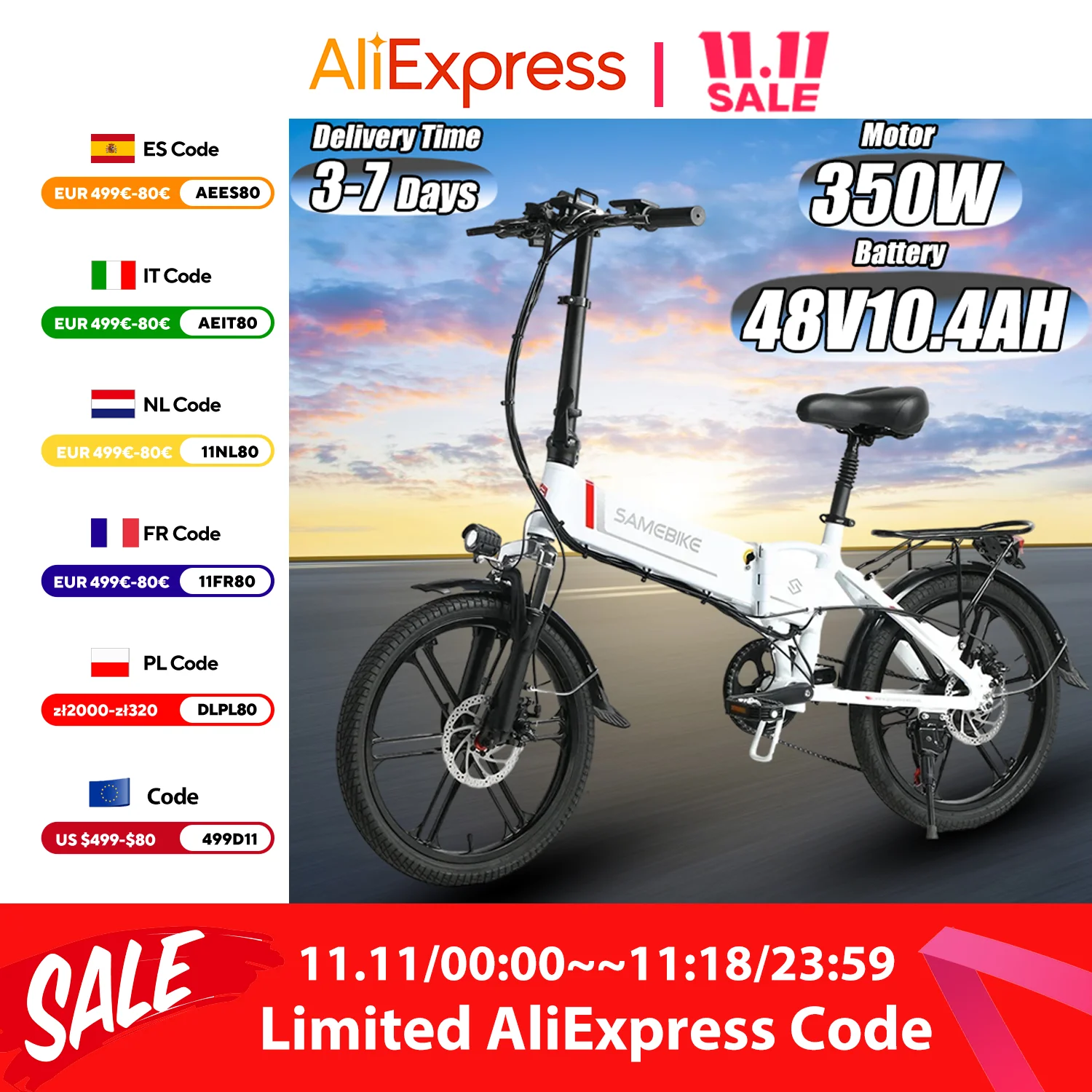 Electric Bike Folding 350W Brushless Motor 48V10.4AH Built-in Lithium Battery Ebike 20-inch Tire Aluminum Alloy Electric Bicycle