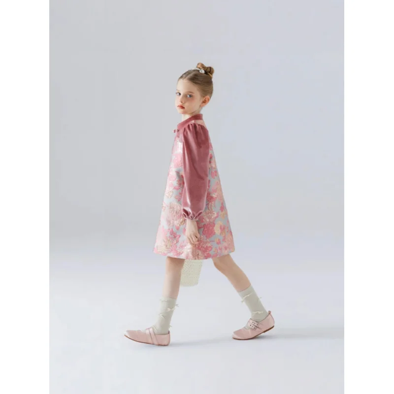 

Girls' Dress Jacquard Fake Two-Piece Autumn Winter Fleece Dress New Chinese Style Cheongsam Dress for Older Children2025New