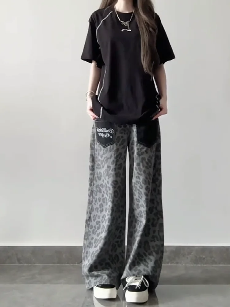 

Sweet Cool Spicy American Style Leopard Print Wide Leg Denim Jeans Women Summer Design Sense Embroidery Loose Slim Straight L...