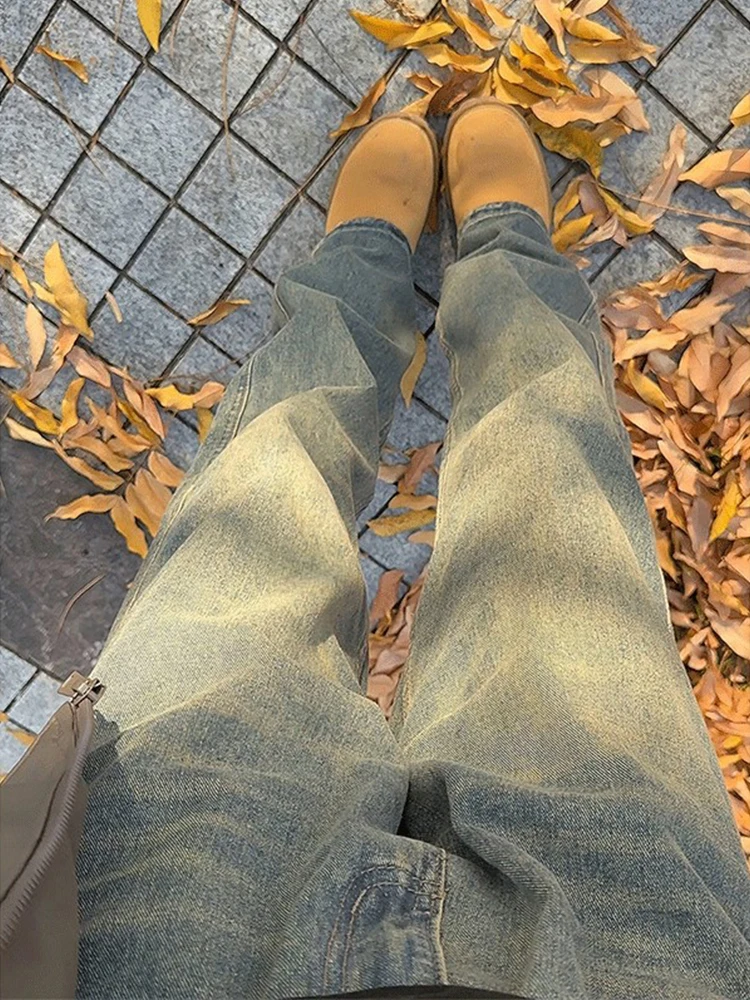 

Retro Blue Men's Straight Leg Jeans High Waist Long Taller Slim Fit Bootcut Pants American High Street Sle Wear Resistant