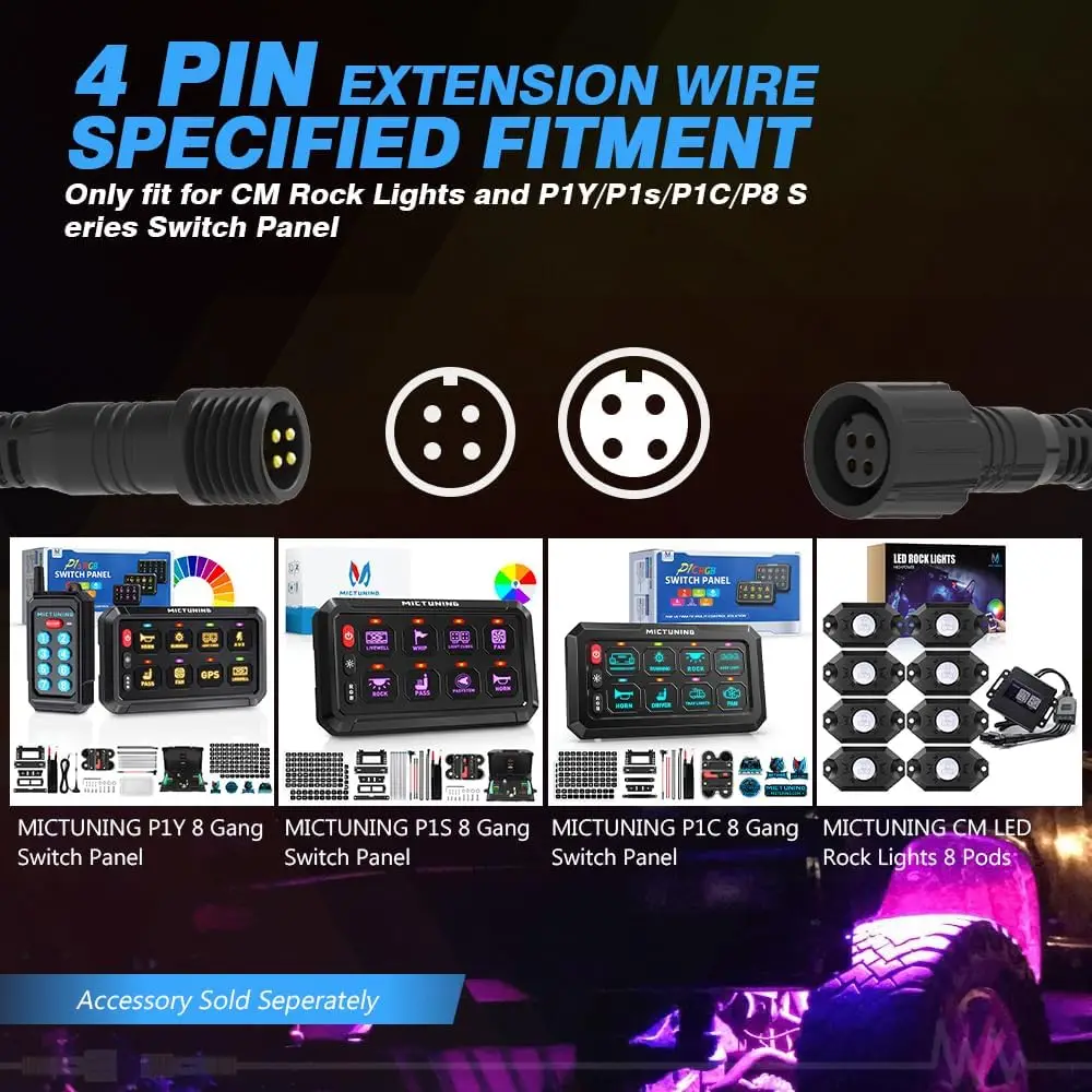 MICTUNING 2PCS 10FT 4 Pin Extension Cables - Exclusive for RGB Rock Lights and P1Y P1s P1C P8 Series Switch Panel Connection