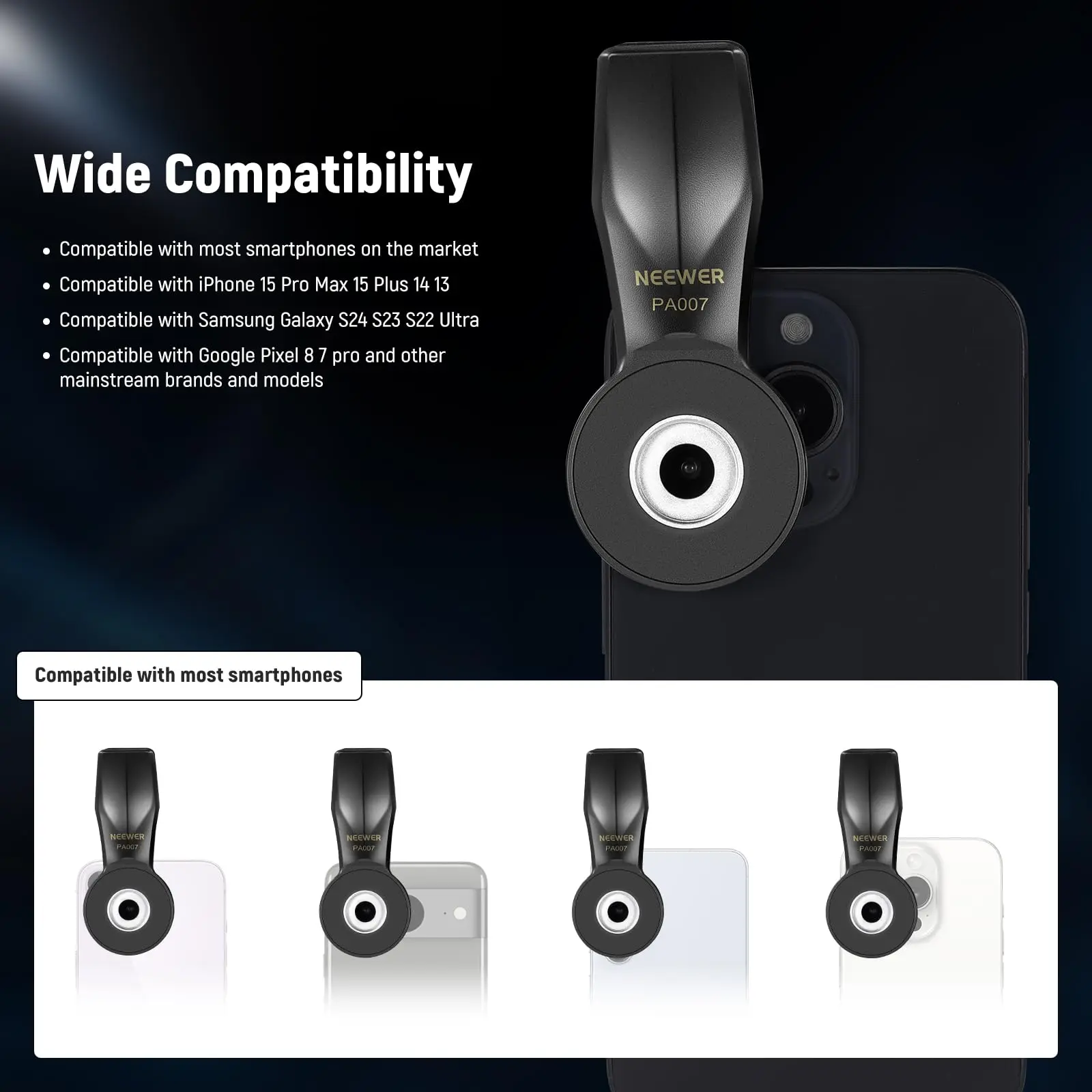 NEEWER iPhone 15 Pro Max 15 Plus 14 13 Samsung Galaxy S24 S23 Ultra Google Pixe 용 17mm 나사 식 렌즈 용 범용 전화 클램프