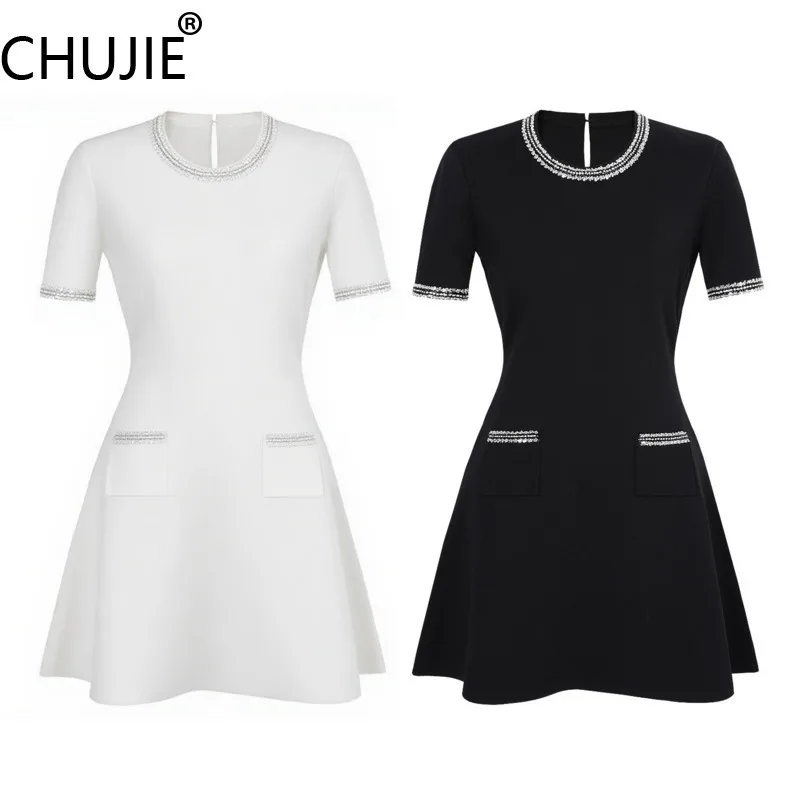 

CHUJIE 2025 г. Модное вязаное платье с бисером, облегающее летнее платье с короткими рукавами, качественная повседневная одежда премиум-класса для офиса