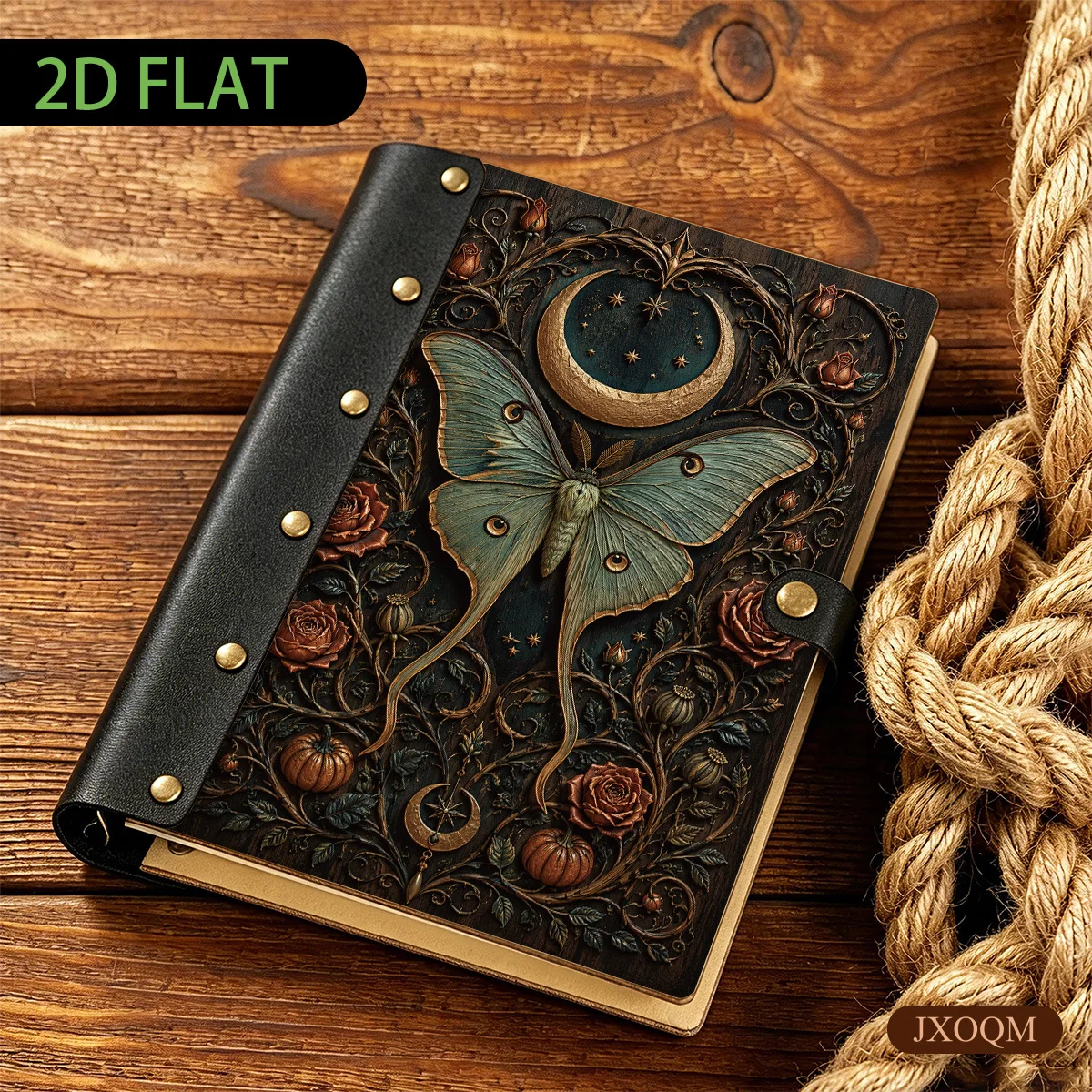 1PC Luna Moth Moon Rose Mystical Floral Wooden Hardcover Loose Leaf Notebook, 2D Flat Vintage Style, 6-Hole Metal Ring Binder