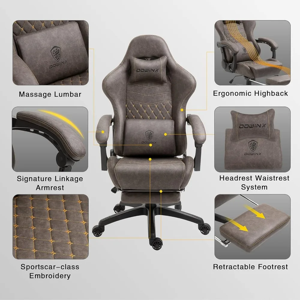 Gaming Office Desk with Massage Lumbar Support, Vintage Style Task PU Leather E-Sports Gamer with