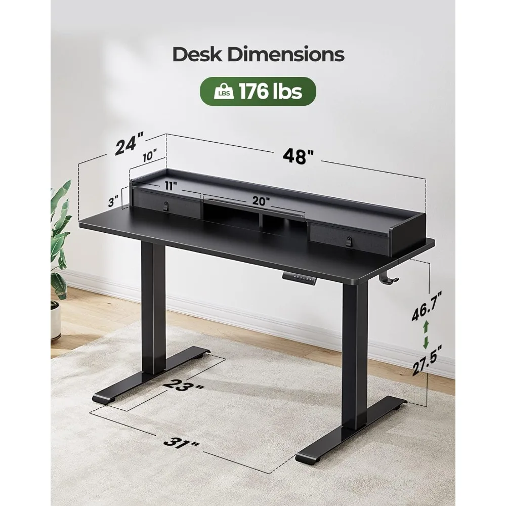 Standing Desk with Double Drawers, 48x24 Inches Height Adjustable Desk with Storage Shelf,Sit Stand Desk with 4 Memory P