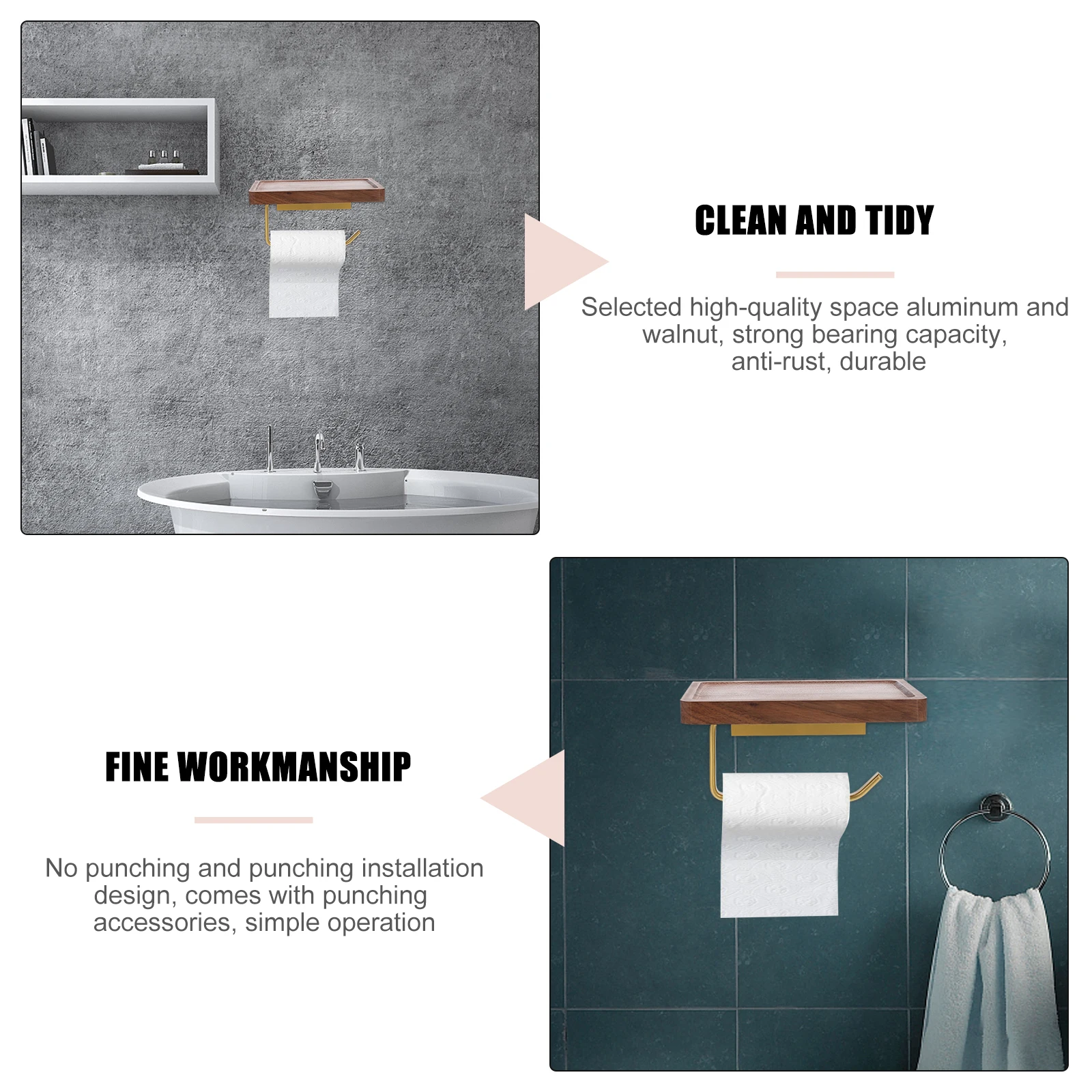 

Sturdy Walnut Space Aluminum Bathroom Phone Rack Multi function Toilet Storage Tissue Holder Waterproof Durable Easy Install