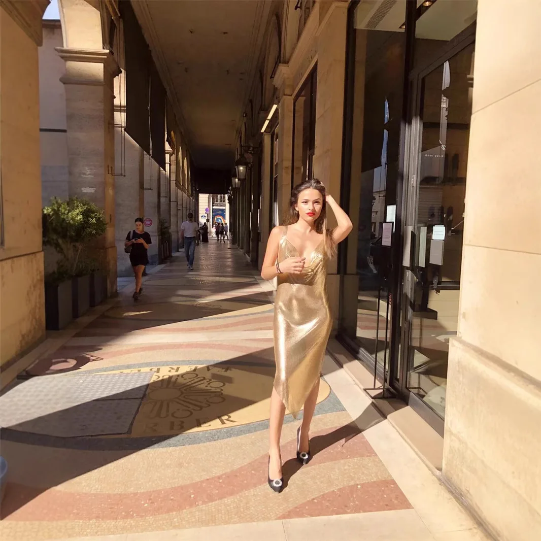 ストリートスレ メタルストラップ ロングドレス スパークリングスパンコール Vネック バルクラブウェア セクシーサマー シャイニーノースリーブドレス