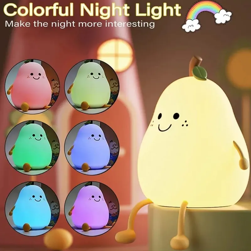 Creative Cute LED Pear Night Light USB Rechargeable Dimming Touch Silicone Table Lamp Bedroom Decoration Couple Gift Boby Light
