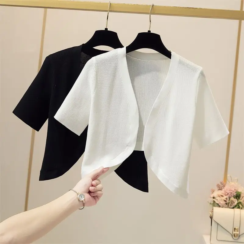

plus Size Knitted Short Sleeve Open Cardigan 300 Pounds Lightweight Summer Outerwear V-Neck Polyester Fiber Casual Style