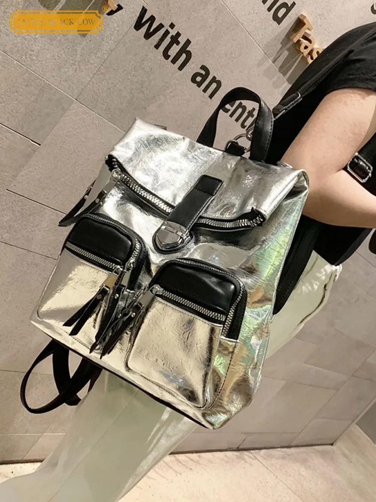 Panelled Colors Women Casual Backpack New Punk Silver Split Leather Designer Student School Bag Female Fashion Travel Backpacks