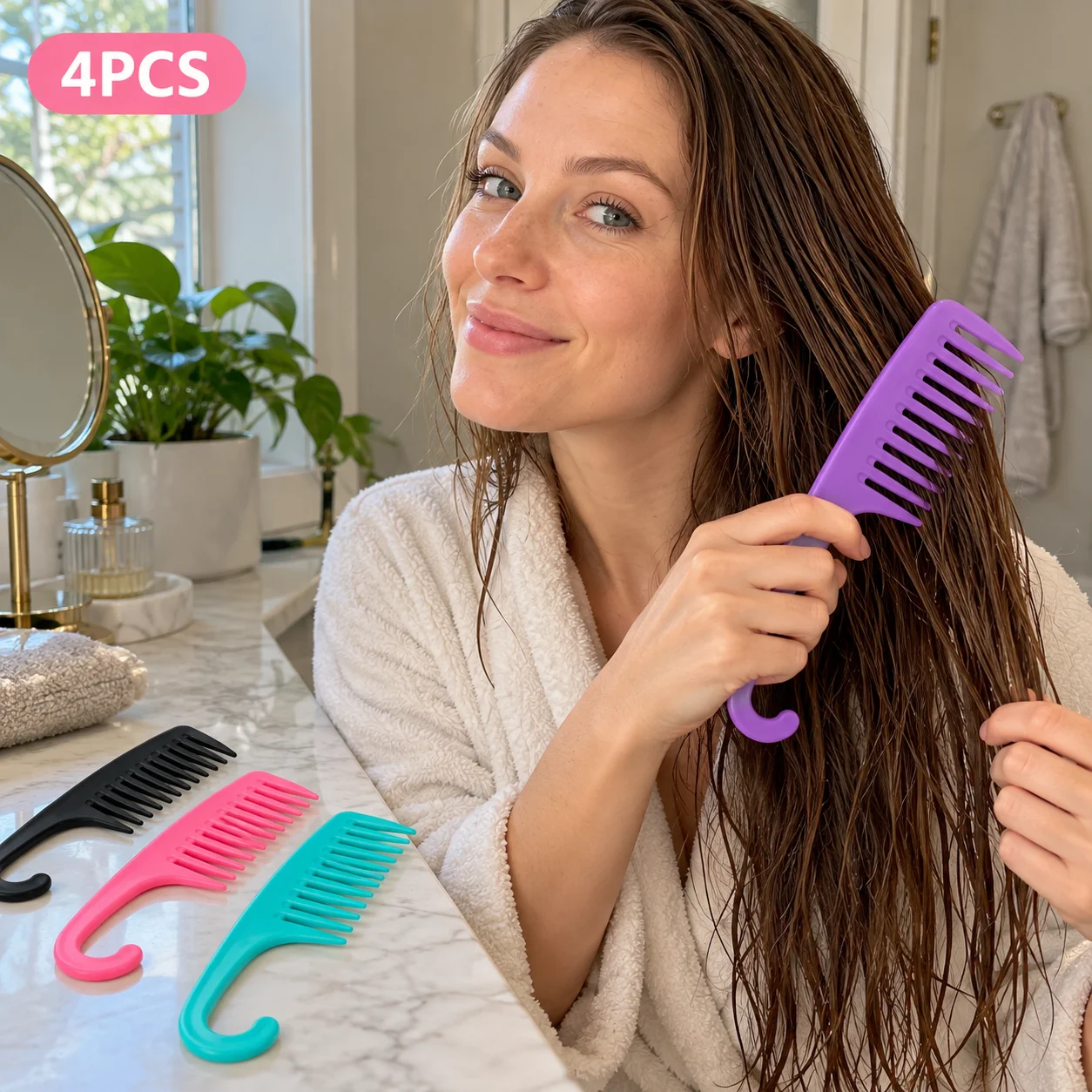 Wide Tooth Shower Comb with Hook Handle, Wet Dry Curly Hair Detangler, Summer Winter Essential, Christmas Halloween Gift
