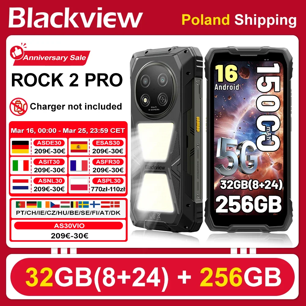 [Shipping From Poland] [No EU charger] Blackview ROCK 2 Pro Rugged Smartphone 8GB+256GB 6.67 inch IPS Android 16 15000mAh 33W 5G