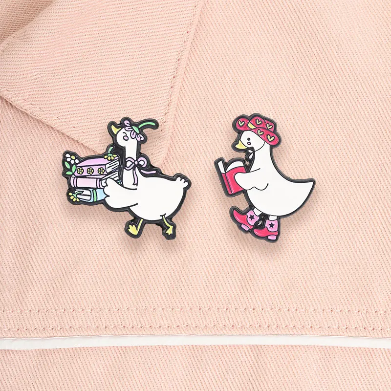 Cute Reading White Duck Enamel Pins, Cartoon Goose Book Brooches, Sweet Heart Hat Animal Badges for Backpack Clothes Jewelry Gift