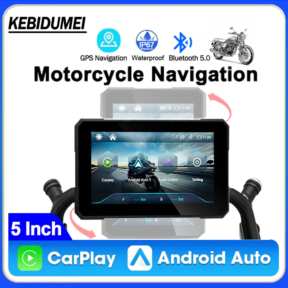 KEBIDUMEI 5 inch Rotational Motorcycle Wireless CarPlay Android Auto Display Screen HD GPS Navigation Monitor Waterproof