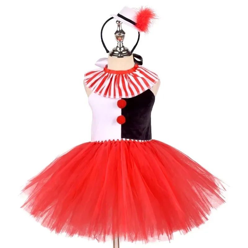Girls Red 3-Piece Clown Themed Tulle Tutu Outfit,  Mesh Performance Clothesing for Halloween Carnival, Stage Shows & Parties
