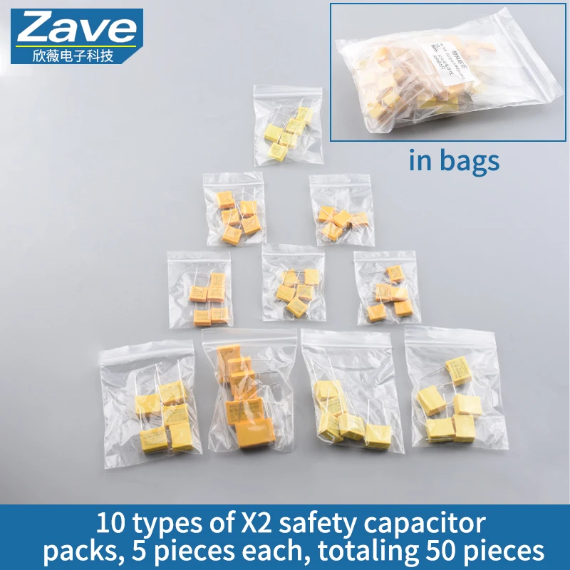 

50 шт. X2 защитный конденсатор, упаковка электронных компонентов с 10 типами 0,001 мкФ/0,01/0,022/0,047 мкФ/0,1/0,22/0,33 мкФ/0,47/0,68/1 мкФ