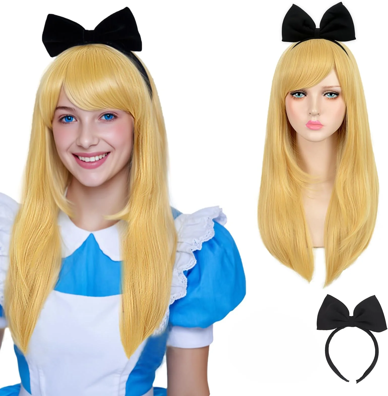 مجموعة شعر مستعار الأميرة اللطيفة، شعر مستعار أشقر متوسط الطول مع عصابة رأس على شكل فيونكة، شعر مستعار للعب الأدوار بالفيلم/التلفزيون