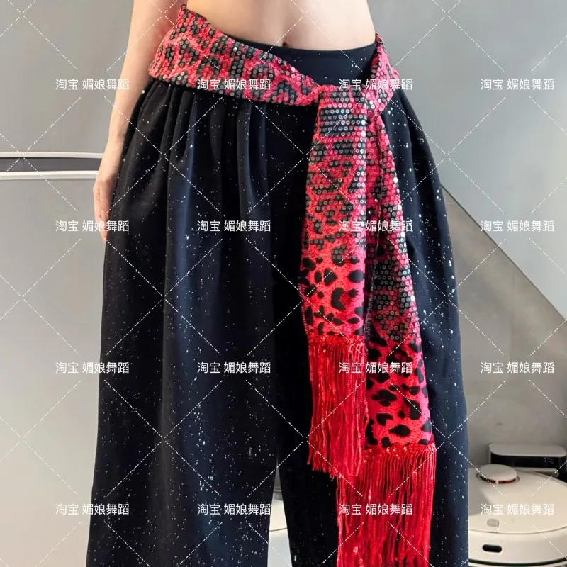 customized Jazz dance leopard print fart curtain street trend sequin hip scarf accessories belly dance belt tassel waist chain