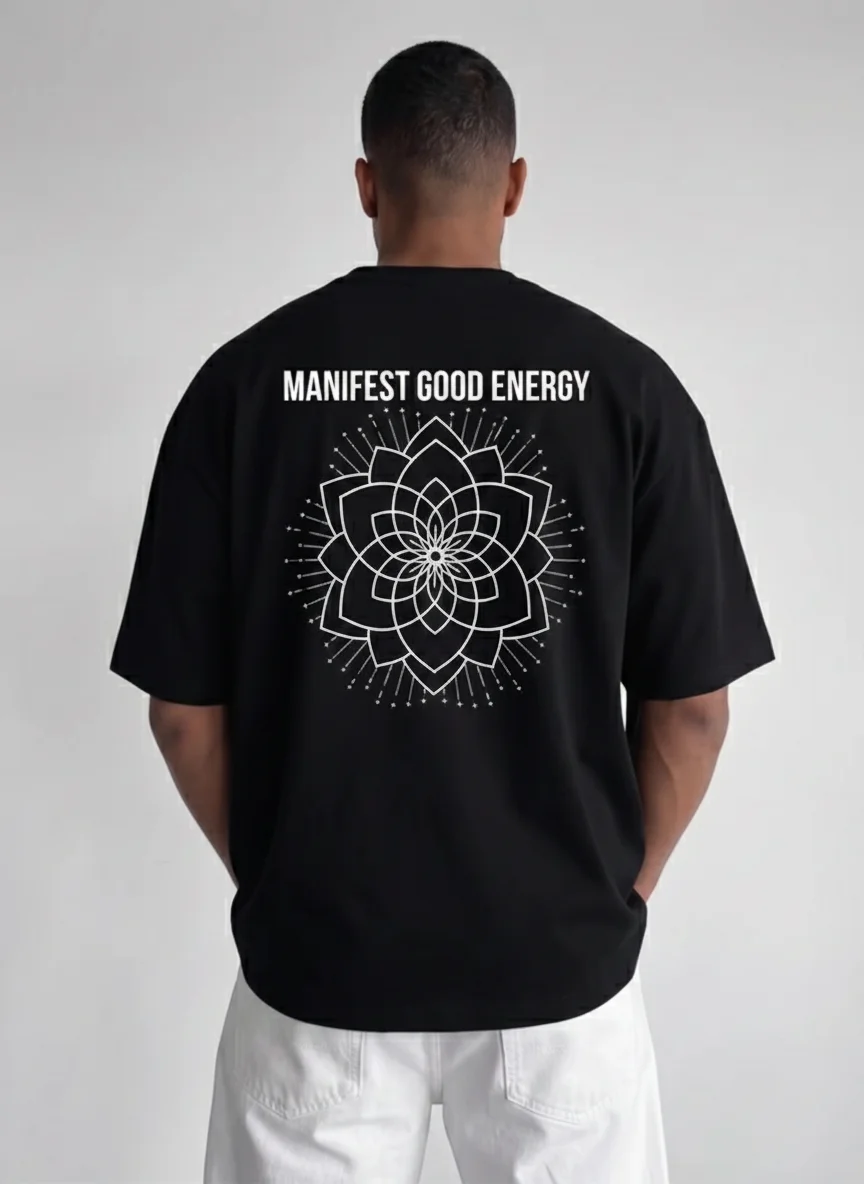 

Black Graphic Tee with White Mandala Lotus Back Print and Inspirational Slogan Printed Tee with Manifest Good Energy Slogan, Casual Wear
