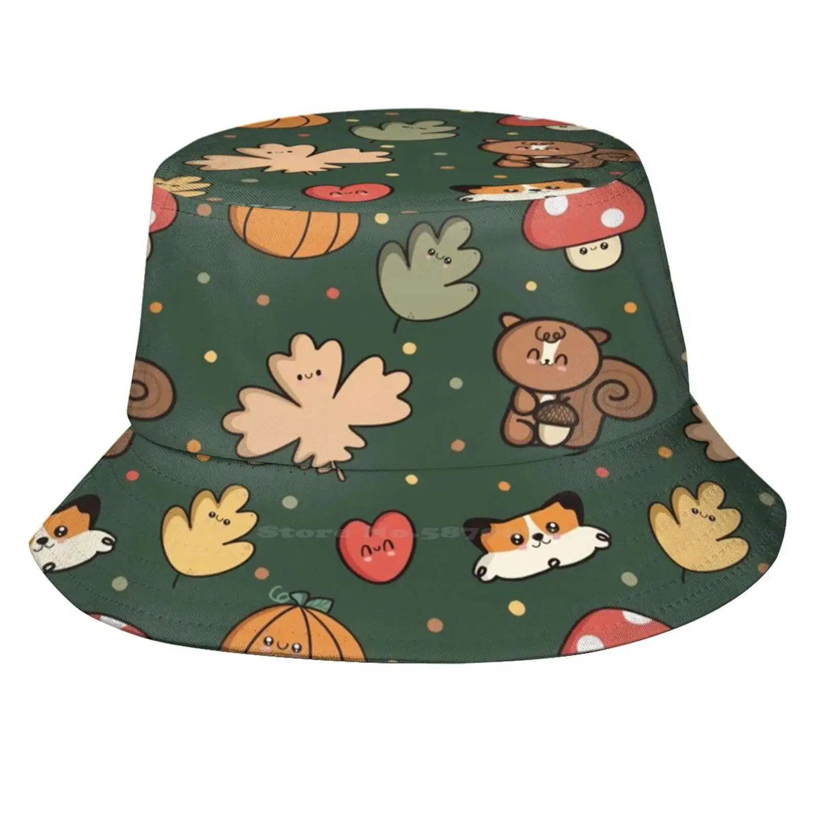 Autumn Forest ? Irmabonet Uv Protection Foldable Bucket Hats Women Men Chipmunk Fox Mushroom Pumpkin Leaves Heart Autumn Animal