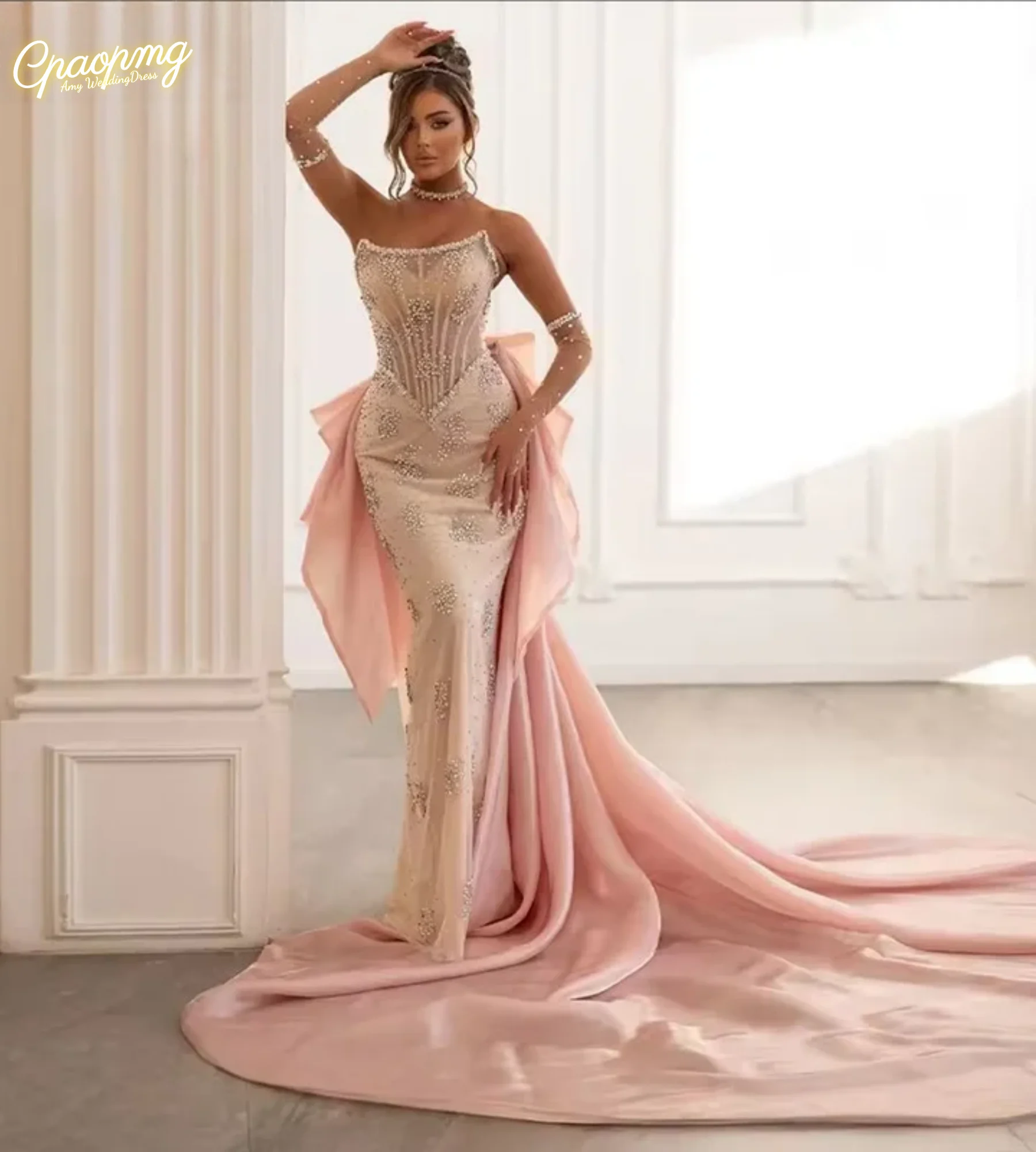 Personalizado princesa sereia sem mangas vestidos de noite casamento com strass bowknot colher pescoço vestido de novia