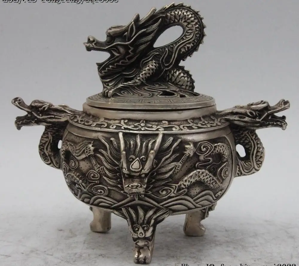 

7" Chinese Buddhism White Bronze Silver Gilt Dragon Head Incense Burner Censer