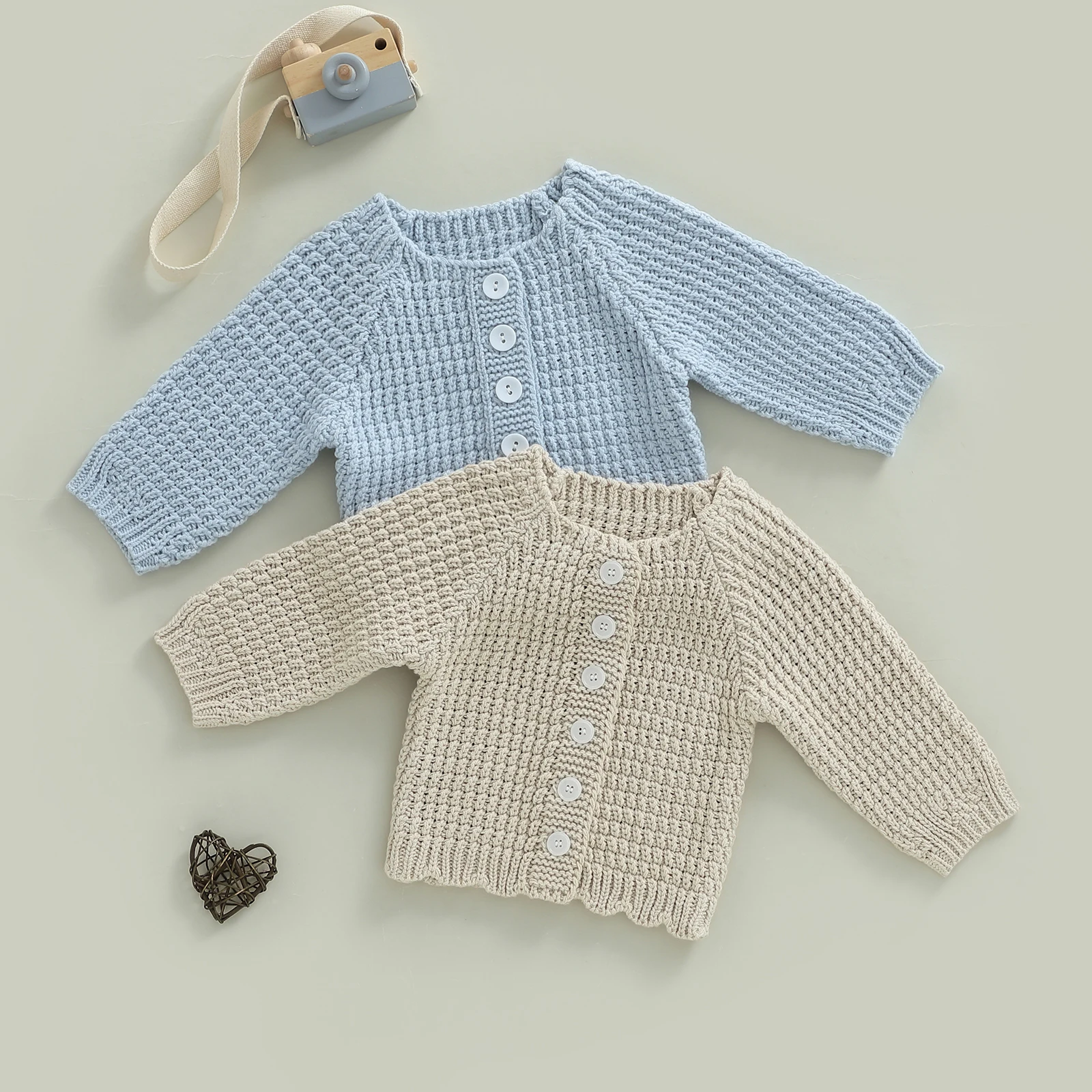 

Toddler Baby Fall Winter Cardigan Sweater Solid Color Button Down Crew Neck Long Sleeve Knitted Tops for 0-3 Years