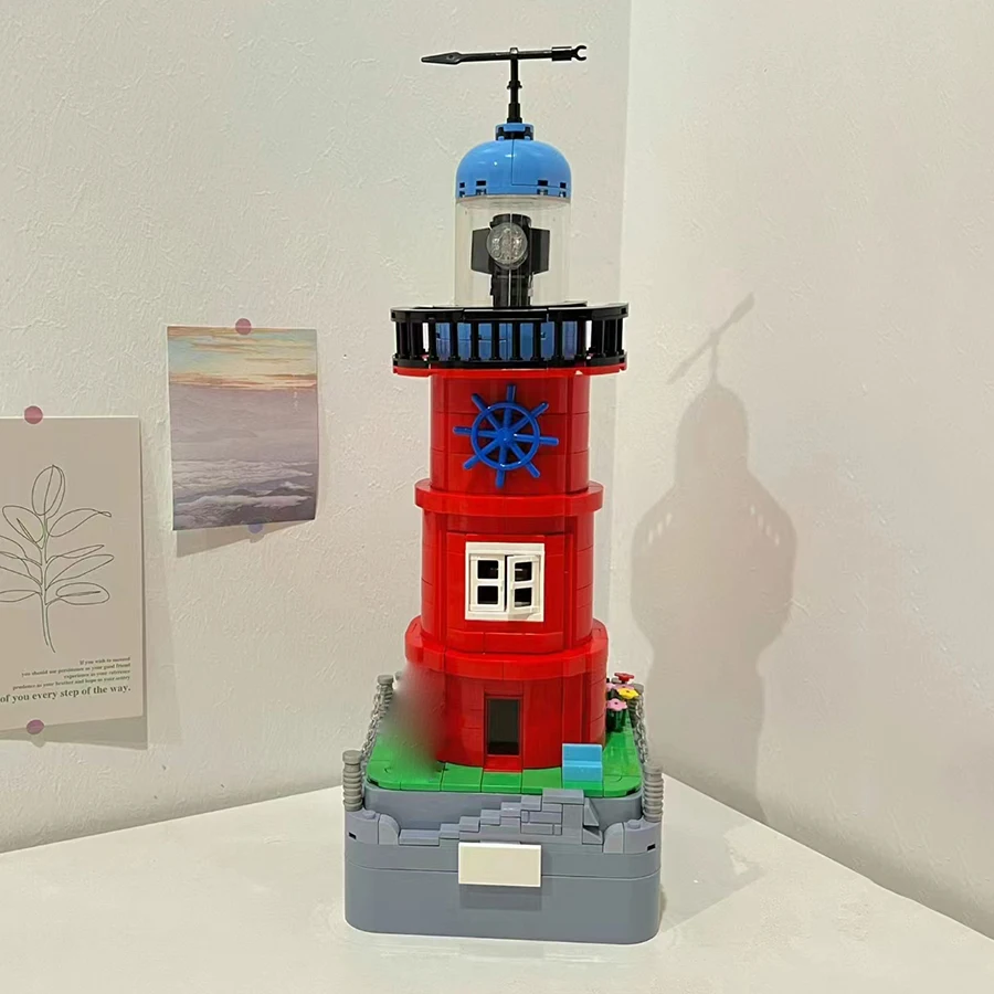 Creative Lighthouse Rotating Music Box Building Blocks Street View With LED Light Architecture Model Bricks Toys Kids Adult Gift