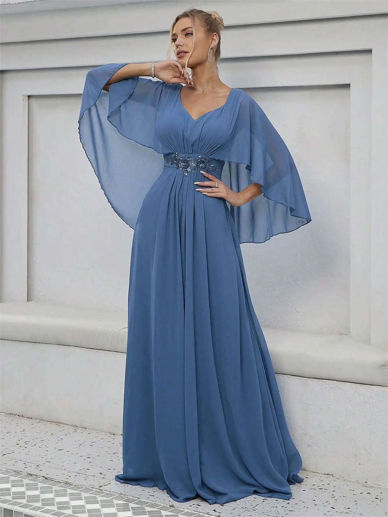 Mother of the Bride Dress - Elegant Cape Sleeve Chiffon Evening Gown - Embellished Waist V-Neck Formal Wedding Guest Maxi Dress