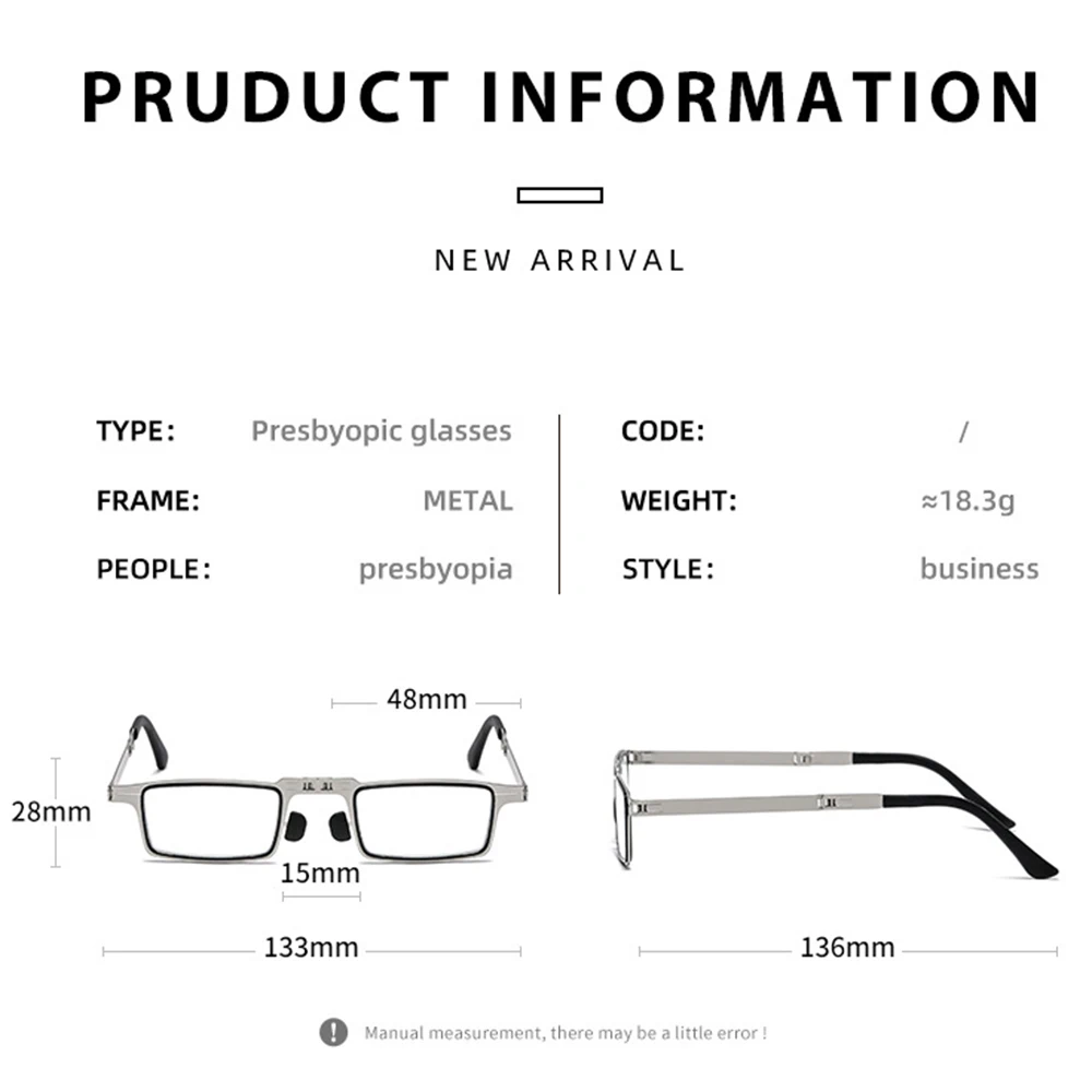 Tragbare Falten Lesebrille Männer Metall Runde Platz Anti Blau Licht Brillen Presbyopie Brillen Rahmen Dioptrien +1,0 bis +4,0 – Detail 12