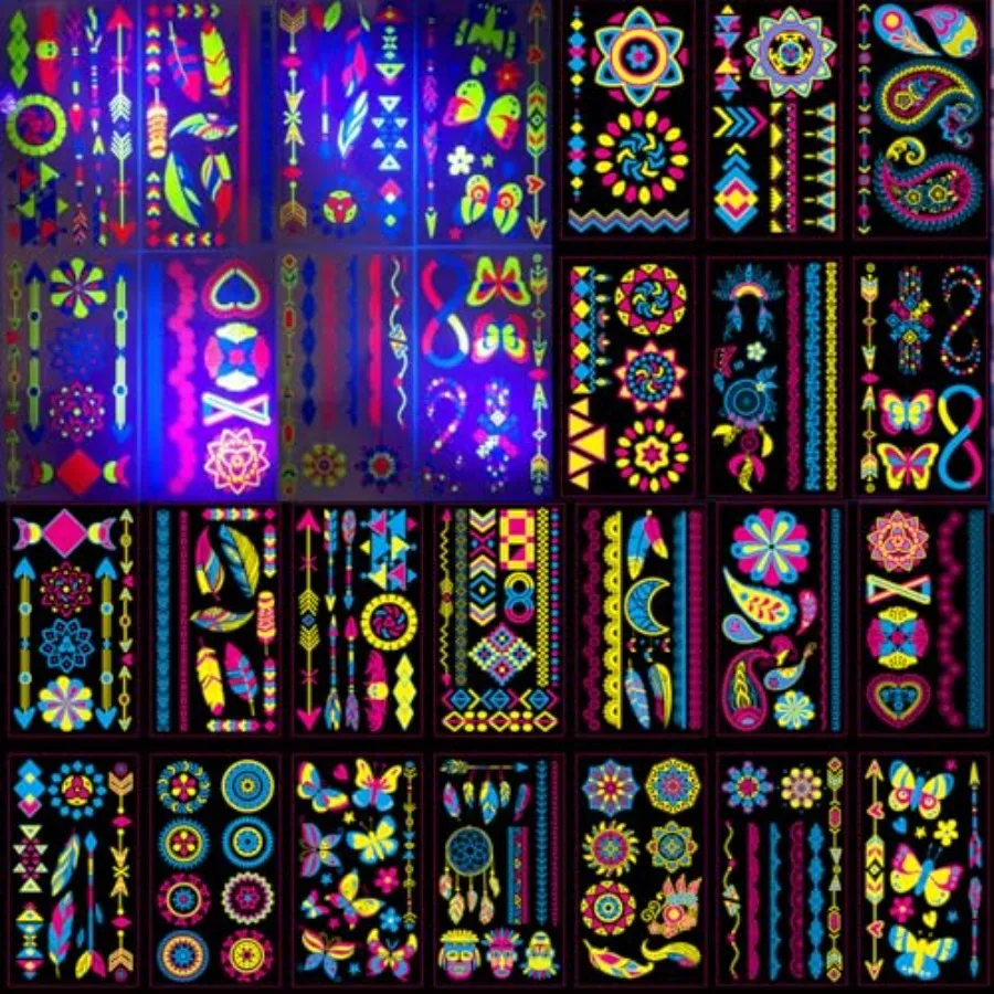 

Neon Temporary Tattoos 20 Large Sheets Glow In The Dark UV Tattoos Glitter Butterfly Flowers Feather Jewellery Tattoos Stickers