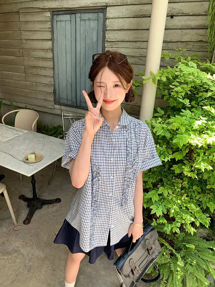 

Синий клетчатый ort Sve Loose Women's irt Summer Design Sensation Mysterious Quali Top Brand Mixd Китайское происхождение