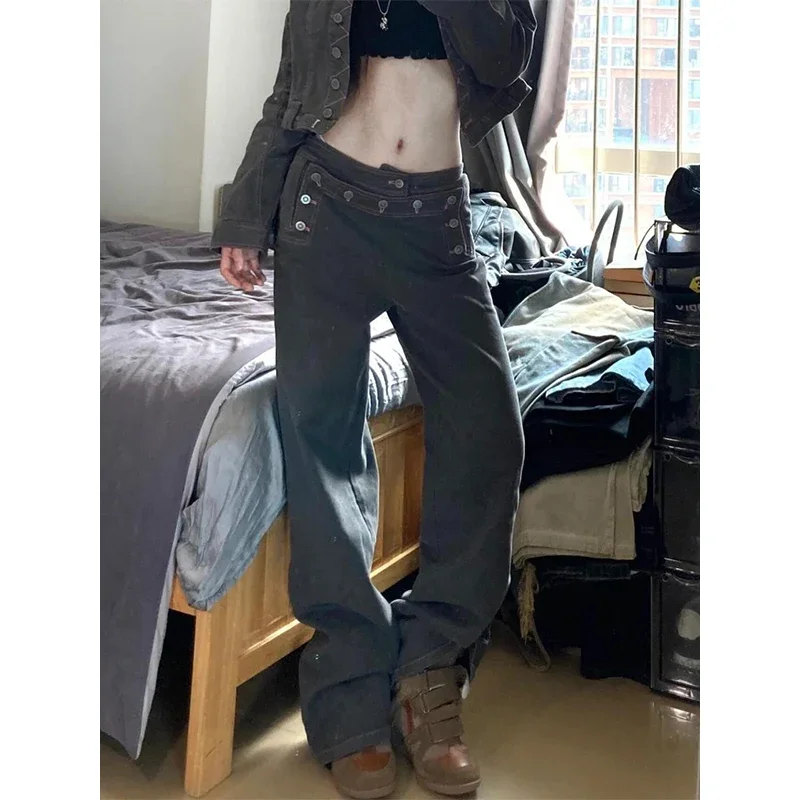 

American Style Women Low Waist Flared Jeans Sexy Slim Fit with Metal Waist Buckle European Hot Girl Simple Panel Design