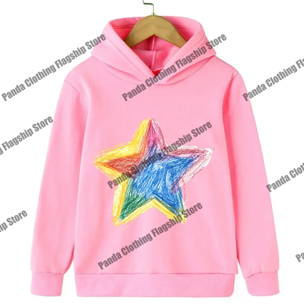 New children's hoodie with star print for boys and girls, pink long sleeved warm hoodie, children's black star hoodie