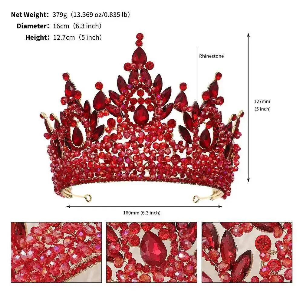 

Beauty Pageants Big Red Crowns Women Wedding Miss Universe Handmade Crystal Beads Tiara Brides Travel Photography Headpieces