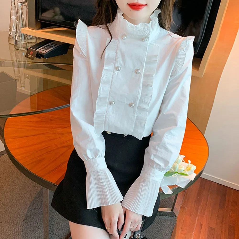 Elegant White Women\'s Ruffles Stand Collar Shirt Blusas Mujer Spring Summer Pleated Top Korean Trumpet Sleeve Runway Blouse Lady