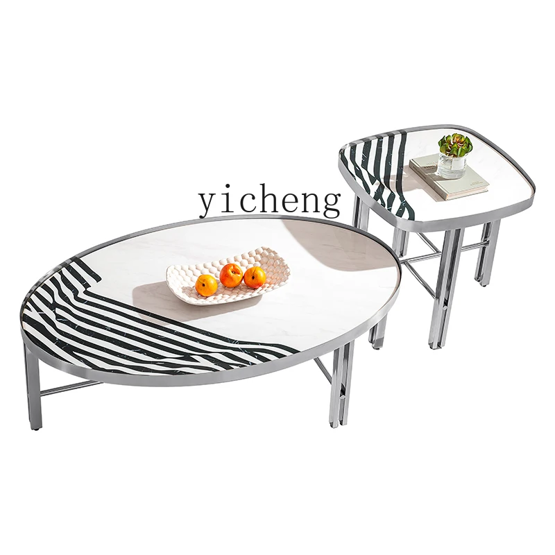 ZK Stainless Steel Oval Microlite Marble Coffee Table Side Table Combination Small Apartment Designer Creative