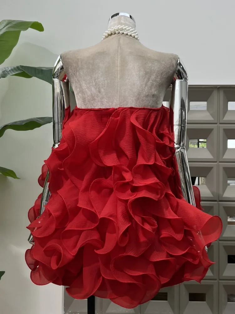 Dfdg elegante vestido tubo sem alças em camadas babados bainha pura silhueta esculpida 2025 primavera verão vestido de festa cocktail