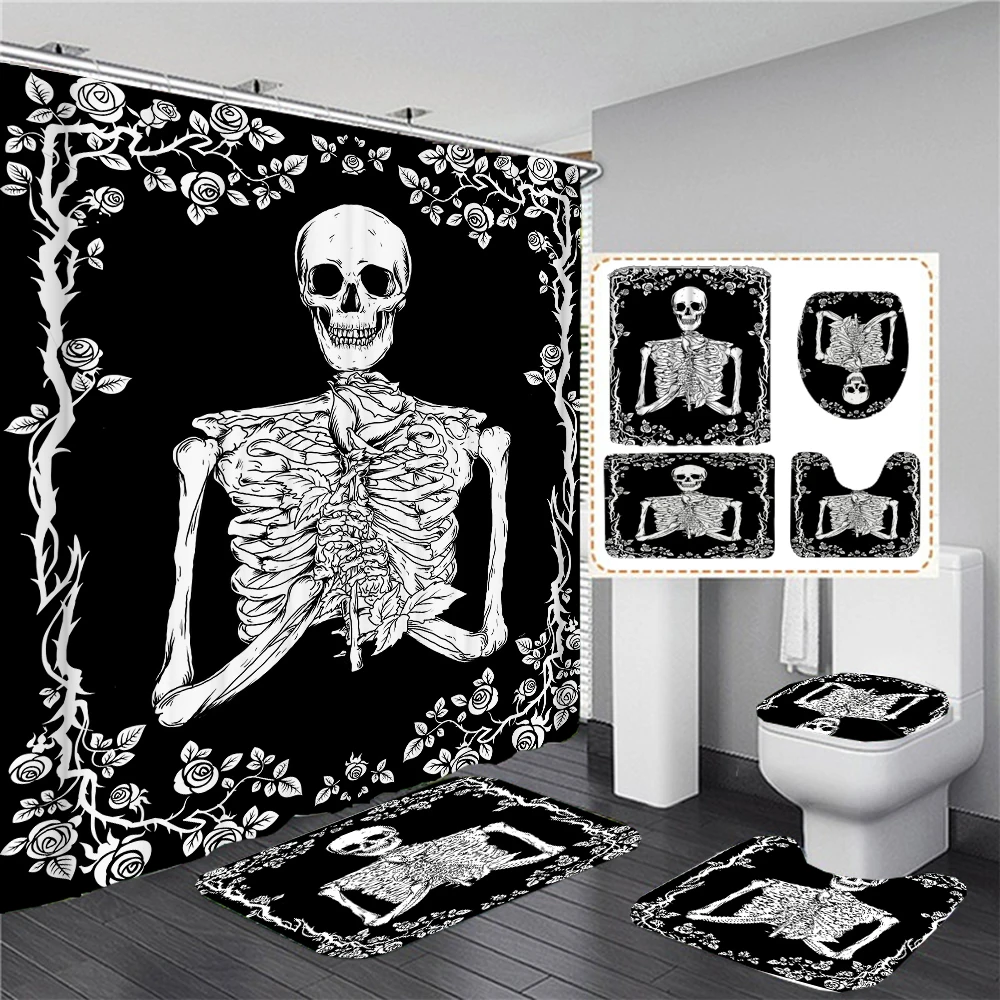 Funny Lovers Skull Skeleton Shower Curtain Bath Curtain Halloween Bath Mat Set Toilet Rugs Anti-slip Carpets For Bathroom Decor