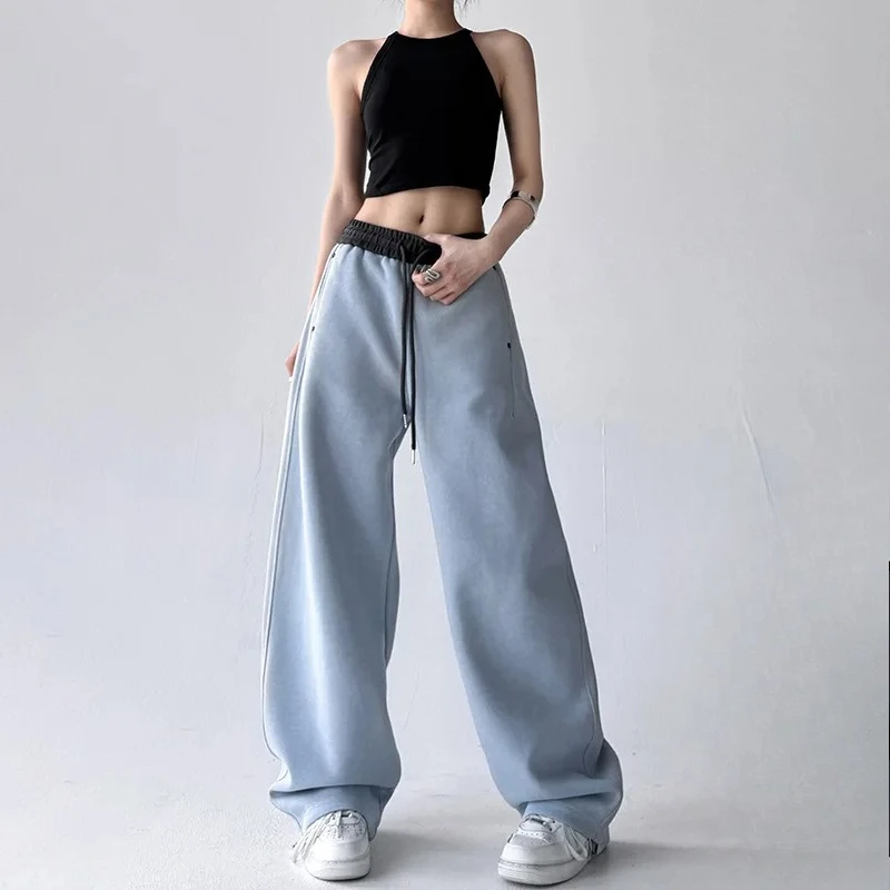 المرأة مرونة الخصر واسعة الساق السراويل عالية الخصر فضفاضة تناسب السراويل المرقعة الشارع نمط عارضة الأزياء #6