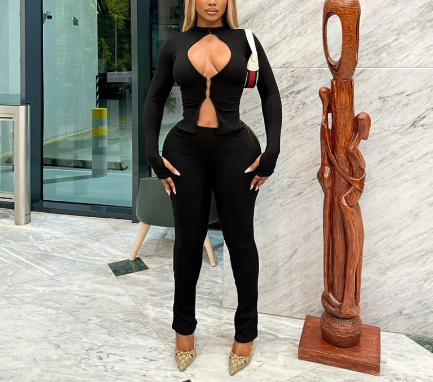 2025 autumn and winter new fashion hollow hook and loop zipper top sexy slim fit pants two-piece set women's clothing